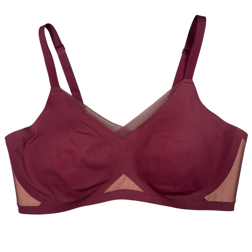 Honeylove CrossOver Bra Women Large Fig Burgundy Wireless Mesh Smoothing Support